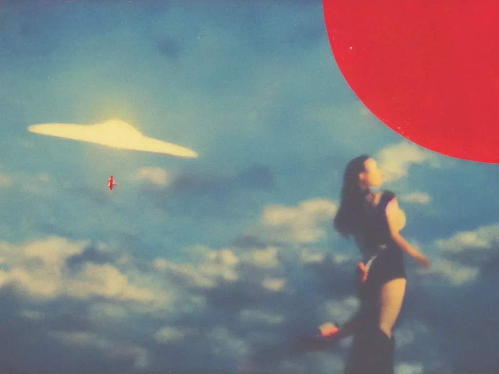 Image similar to vintage polaroid of a beautiful woman spotting a ufo in the sky, seen from behind, detailed clouds, warm azure tones, red color bleed, film grain