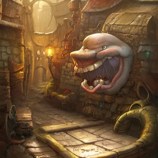 Image similar to anthropomorphic puddle with an angry sneer lurking in a damp alleyway , concept art, painting by Justin Gerard