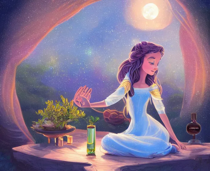 Image similar to an illustration of the spiritual goddess of essential oils, with starry dusted light and a moon, small bottles of oil, in the style of a disney princess, high contrast, highly detailed, sharp focus, digital painting, illustration, trending on artstation,