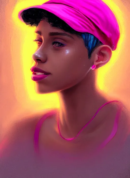 Image similar to portrait of teenage vanessa morgan with bright pink hair, black girl, vanessa morgan, curly pixie cut hair, wearing newsboy cap, newsboy cap, hoop earrings, intricate, elegant, glowing lights, highly detailed, digital painting, artstation, concept art, smooth, sharp focus, illustration, art by wlop, mars ravelo and greg rutkowski