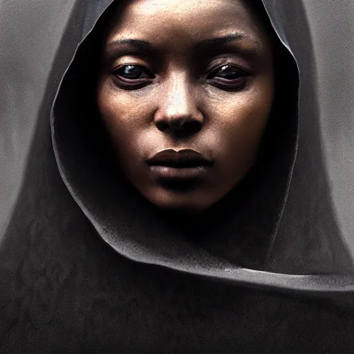 Image similar to a portrait of a young black woman wearing a long dark cloak, hood and shadows covering face, anatomically correct, beautiful perfect face, enigmatic, oil painting, matte painting, black background, Volumetric dynamic lighting, Highly Detailed, Cinematic Lighting, Unreal Engine, 8k, HD, by Beksinski