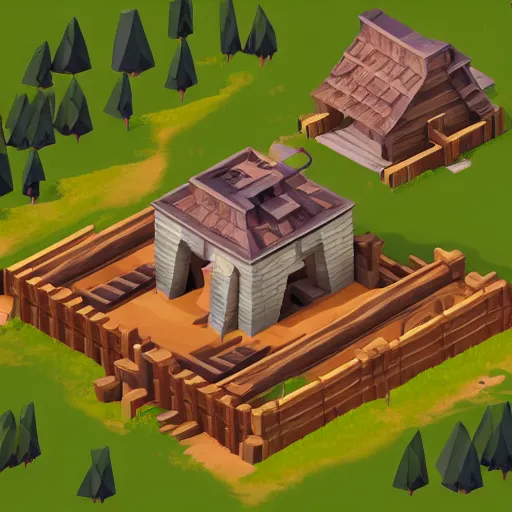 Prompt: Isometric image of a single building, wood mine, low poly style like Age of empires, hd