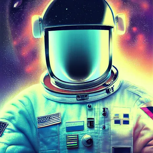 Prompt: portrait of an astronaut in chromatic suit by Petros Afshar and Beeple, highly detailed