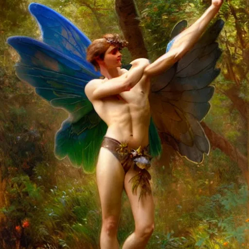 Image similar to attractive male fairy with wings in the forest, posing. highly detailed painting by gaston bussiere, craig mullins, j. c. leyendecker, 8 k