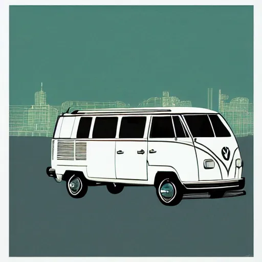 Image similar to illustration of an old van volkswagen, may 6 8, pastel colors, cool, hippie by victo ngai