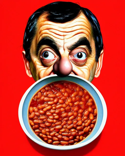 Image similar to portrait of mr bean's face in a bowl full of baked beans, head fully covered in beans and tomato sauce, beans on his eyes, tomato sauce on his skin, rowan atkinson, muted colors, surrealist oil painting, highly detailed