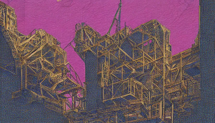 Prompt: corlaine in the pink palace, colored pencil crosshatch, Golden ratio, Oil rig, solarpunk