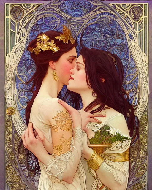 Image similar to the kiss | highly detailed | very intricate | art nouveau | gold filigree | romantic storybook fantasy | soft cinematic lighting | award - winning | professional portraiture | disney concept art watercolor illustration by mandy jurgens and alphonse mucha and alena aenami | pastel color palette | featured on artstation