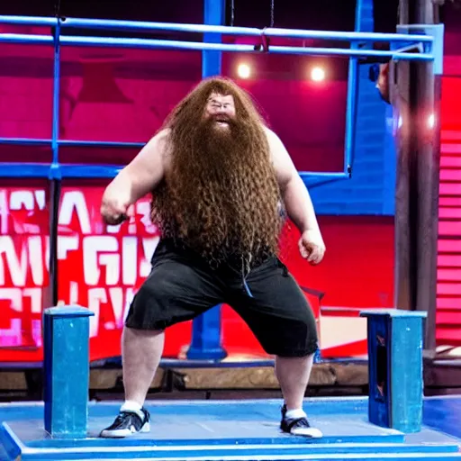 Prompt: Action shot of Hagrid as American Ninja Warrior Contestant