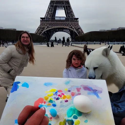 Image similar to A polar bear painting easter eggs in front of the Eiffel Tower