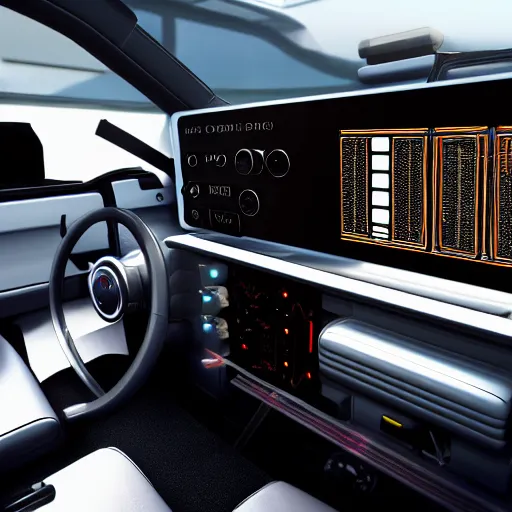 Image similar to photorealistic control panel in a car featuring ejection seats, weapons control, and hyperdrive, realistic, 8 k resolution, front view