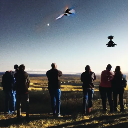 Image similar to a group of people looking at a ufo in the sky, shot on an iphone 1 3