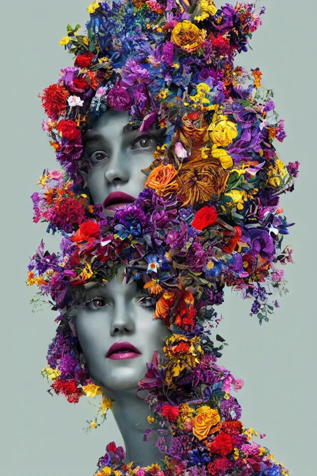 Image similar to a sculpture made of vine and colorful flowers, bust, single portrait, queen, future, epic, harper's bazaar, vogue, magazine, insanely detailed and intricate, concept art, ornate, luxury, elite, elegant, trending on artstation, by Ruan Jia, Kenneth Willardt, Ross Tran, WLOP, Andrei Riabovitchev.