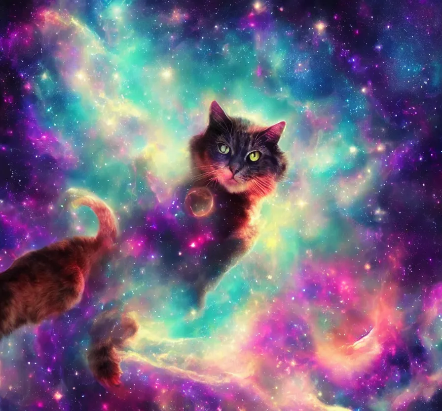 Image similar to space cat in nebula, acrilic paint, heavenly atmosphere, ink paint, ultra detailed, by popular digital artist, beautiful image, resolution, artstation