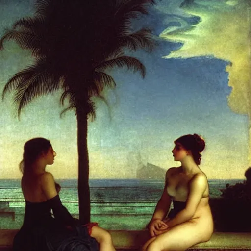 Image similar to Silhouette of two girls at the palace, thunderstorm, greek pool, beach and palm trees on the background major arcana sky, by paul delaroche, alphonse mucha and arnold böcklin arnold böcklin hyperrealistic 8k, very detailed