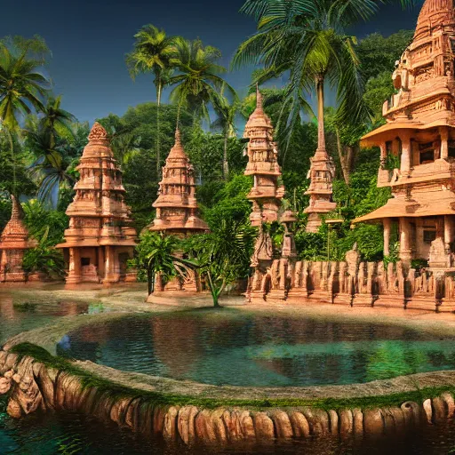 Image similar to 4 k unreal engine render of an ancient never seen before indian high detail temple islands. complex architecture with intricate pilars. high detailed water. jungle background. afternoon light. hyper realistic render, trending on art station