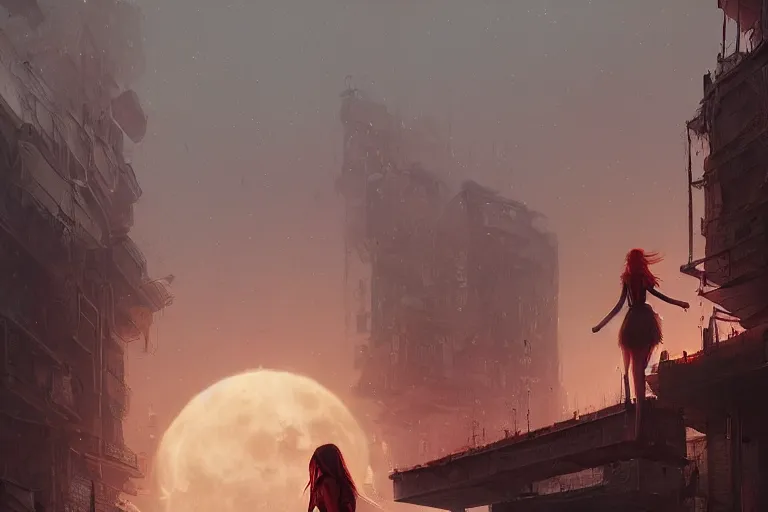 Image similar to a detailed illustration of a lonely girl against the background of a ravaged city and a red moon, artstation, by Mandy Jurgens, sophisticated, Unreal engine, dystopia, anti-utopia, post processing, nostalgic melancholic artwork, intricate