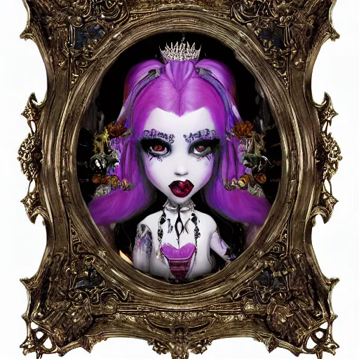 Image similar to baroque bedazzled gothic royalty frames surrounding a watercolor portrait of monster high draculaura doll, stephen bliss, unreal engine, by greg rutkowski, loish, rhads, makoto shinkai and lois van baarle, ilya kuvshinov, rossdraws, global illumination, radiant light, detailed and intricate environment, watercolor lighting