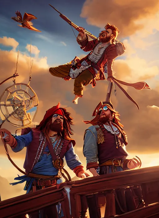 Image similar to an epic fantasy comic book style portrait painting of two bumbling idiot sky - pirates on the deck of a skyship looking at a chest, unreal 5, daz, hyperrealistic, octane render, cosplay, rpg portrait, dynamic lighting, very detailed faces