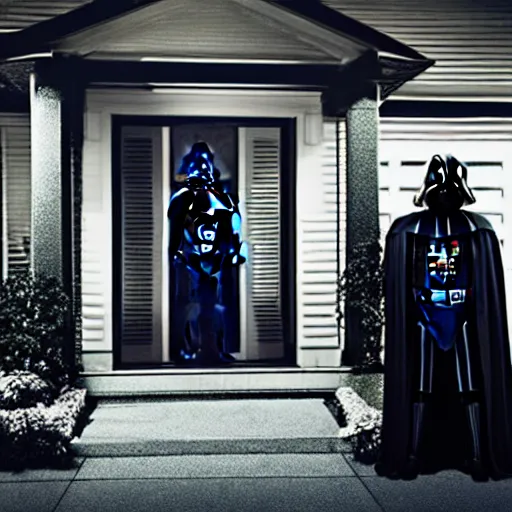 Prompt: darth vader is walking up the front walk of a chicago bungalow at night, menacing mood, dark lighting