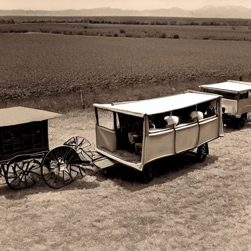 Prompt: a birds - eye view sepia photograph of a delorean made into a covered wagon, traveling in a line with covered wagons and cattle