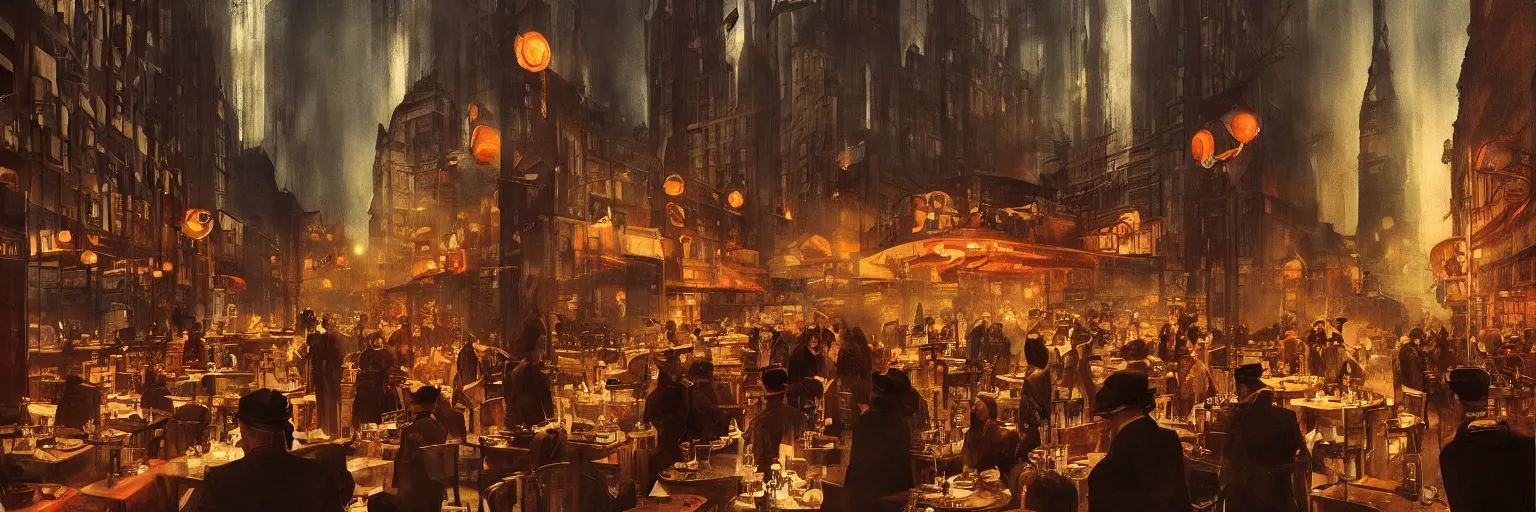 Prompt: Babylon Berlin. Night. Inside a crowded Art deco restaurant. Berlin, late golden 1920s. Gropius. Metropolis. Mist. Highly detailed. Hyper-realistic. Cheerful. Merry mood. Warm colors. Dynamic composition. Matte painting in the style of Craig Mullins