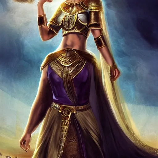 Image similar to Natalie Portman as ancient greek woman in golden helmet, giant grey-haired bearded George Clooney head in the sky, epic fantasy style art, fantasy epic digital art