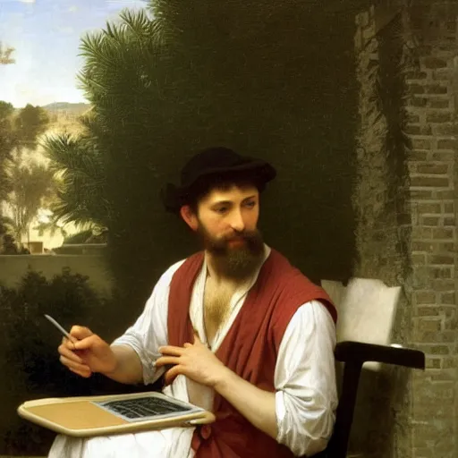 Image similar to an oil painting of an man playing a laptop, 1576 , by Bouguereau, highly detailed and intricate,