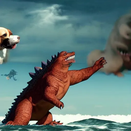 Image similar to gigantic 1 0 0 meters beagle dog fighting with godzilla over the sea, epic cinematic, 4 k, very high detail