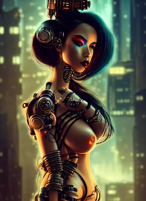 Image similar to soft lustrous ebony seductive geisha raver gutter punk steampunk cyborg, golden ratio, details, scifi, fantasy, cyberpunk city, intricate, decadent, highly detailed, digital painting, octane render, artstation, concept art, smooth, sharp focus, illustration, art by artgerm, loish, wlop