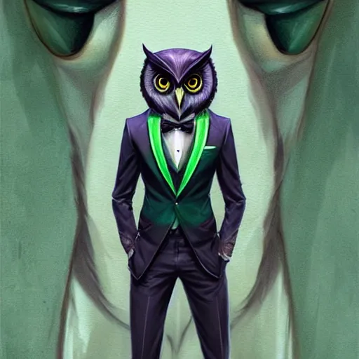 Image similar to a half human half owl creature wearing a green tuxedo suitCharacter design by charlie bowater, ross tran, artgerm, and makoto shinkai, detailed, inked, western comic book art, 2021 award winning painting,digital art,ultra realistic,ultra detailed,art by greg rutkowski,hyperdetailed,photorealistic