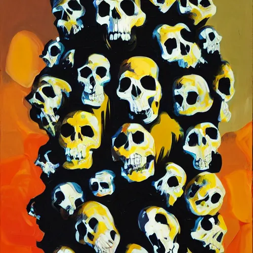 Prompt: vertical stack of three skulls vomiting black tar, anna bocek