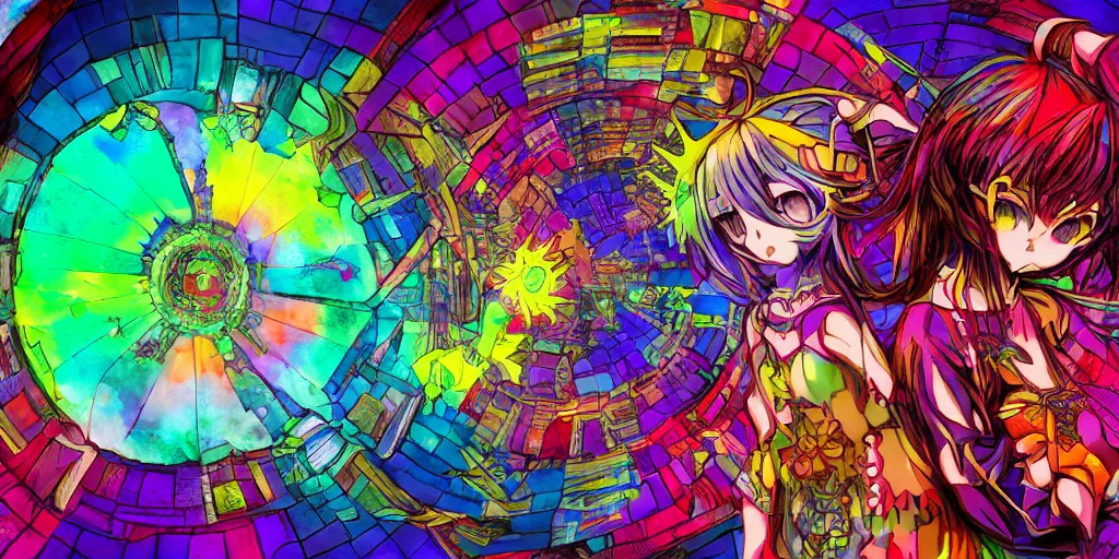 Image similar to Dreamy psychedelic anime, extremely colorful, geometric, Madoka witch labyrinth, patchwork, photoshop, HDR, 4k, 8k, abstract, two anime girls standing within two raging colorful vortexes