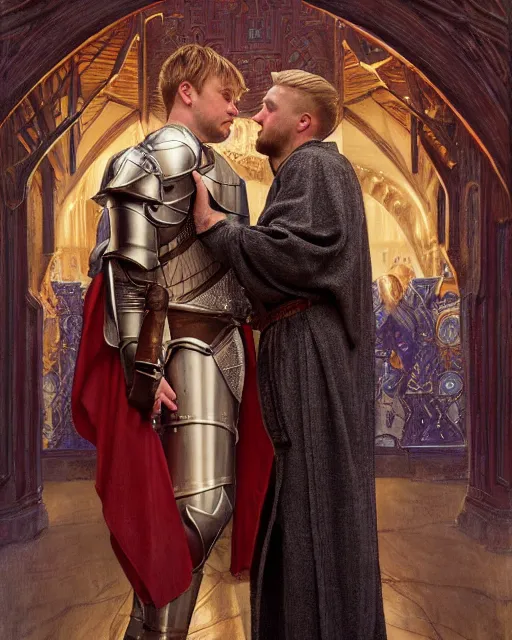 Image similar to attractive arthur pendragon confesses his love to his attractive male knight, they are close to each other, in a quiet moment, they are wearing robes, highly detailed, very intricate, cinematic lighting, by donato giancola and rossdraws and magali villenueve, j. c. leyendecker, featured on artstation