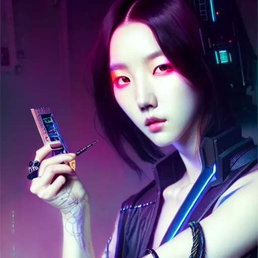 Image similar to portrait painting of kpop artist sunmi as a cyberpunk technician, ultra realistic, concept art, intricate details, eerie, highly detailed, photorealistic, octane render, 8 k, unreal engine. art by artgerm and greg rutkowski and magali villeneuve and alphonse mucha