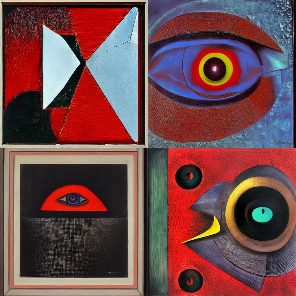 Prompt: the omnious black box with the scarlet eye, painting by max ernst, glassy reflections, nacre texture