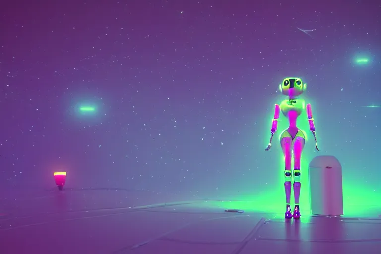 Image similar to a beautiful calm robot girl looking up to the stars, photograph, colorful background, render, 3 d, render, glows, neon, 8 k, 4 d,