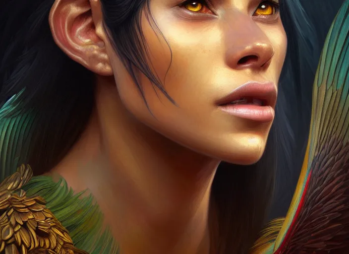 Image similar to portrait of quetzal ( ark survival evolved ), intricate, elegant, highly detailed, digital painting, artstation, concept art, smooth, sharp focus, illustration, art by artgerm and greg rutkowski and alphonse mucha, 8 k