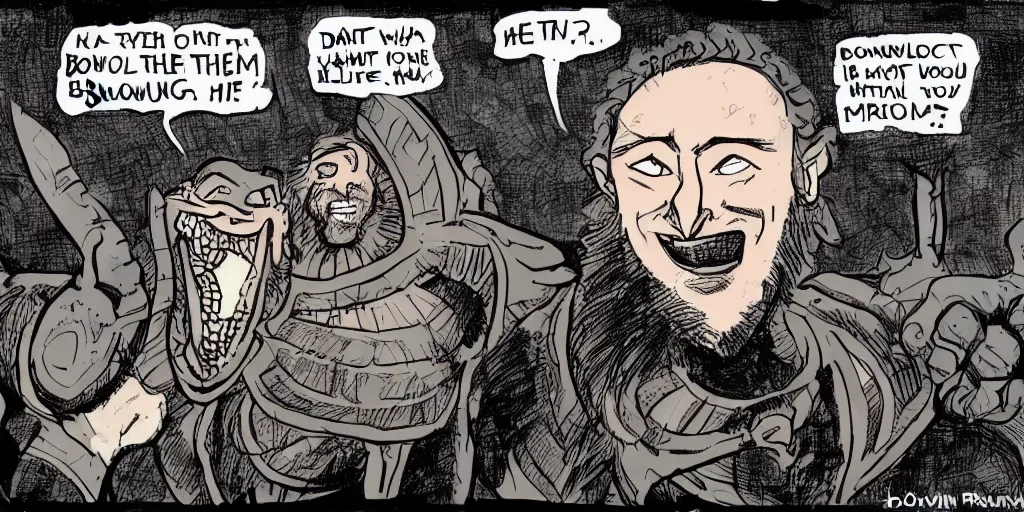 Prompt: beowulf smiling to camera, comic by david rubin