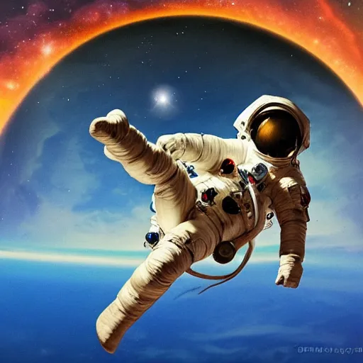 Prompt: an astronaut floating in space in the style of Dali