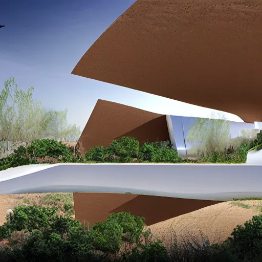 Image similar to architectural rendering of biophilia building in the desert, biomimetry shape, peaceful