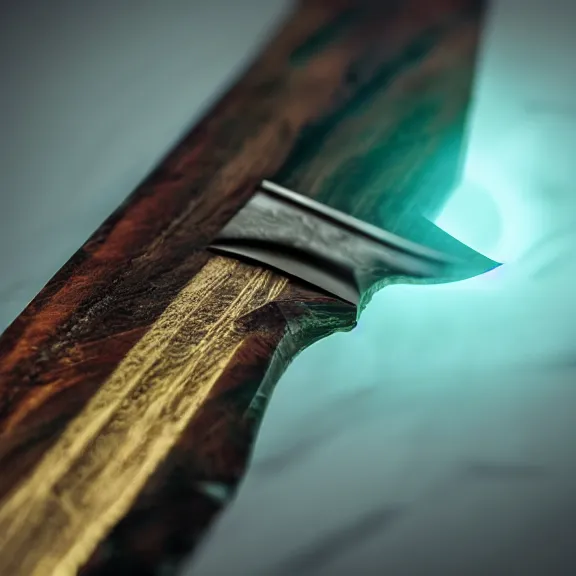 Image similar to fantasy knife, splash art, movie still, cinematic lighting, dramatic, octane render, long lens, shallow depth of field, bokeh, anamorphic lens flare, 8k, hyper detailed, 35mm film grain