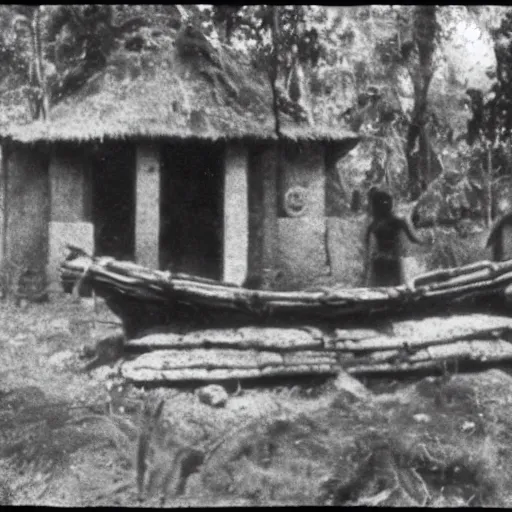 Image similar to a rizom lost film footage of a sacred ( ( ( indigenous ) ) ) artifact in the middle of the ( ( ( ( ( ( ( ( ( ( tropical jungle ) ) ) ) ) ) ) ) ) ) / ethnographic object / film still / cinematic / enhanced / 1 9 0 0 s / black and white / grain