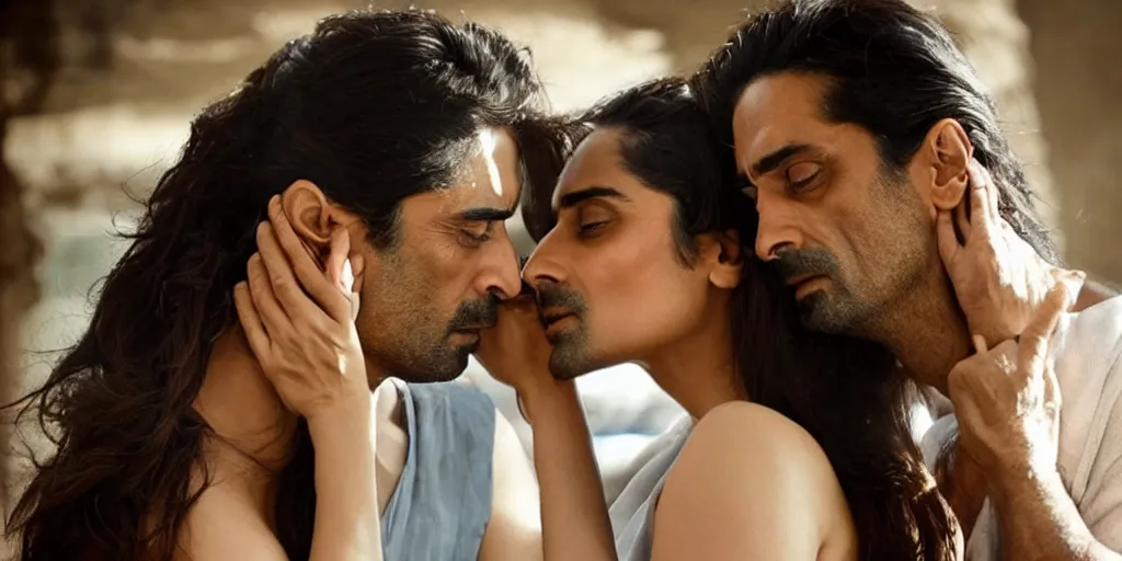 Image similar to closeup of kareena kapoor and arjun rampal kissing, natural lighting, hyper detailed, 1 0 0 mm, photographic, cinematic lighting, studio quality.