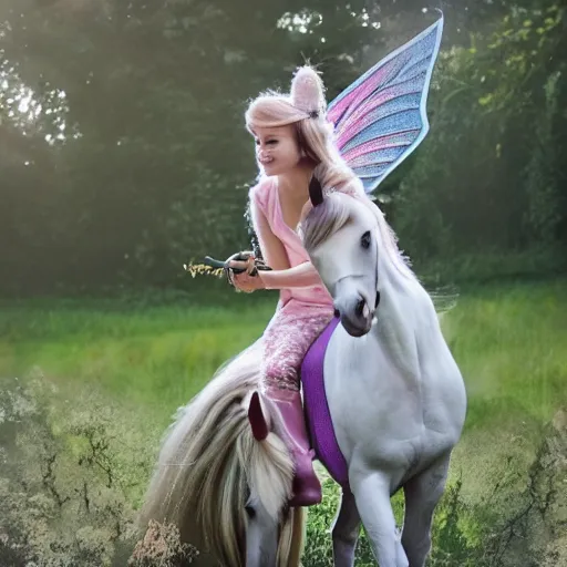 Prompt: a fairy sitting on a galloping unicorn, CANON Eos C300, natural lights, award winning photography