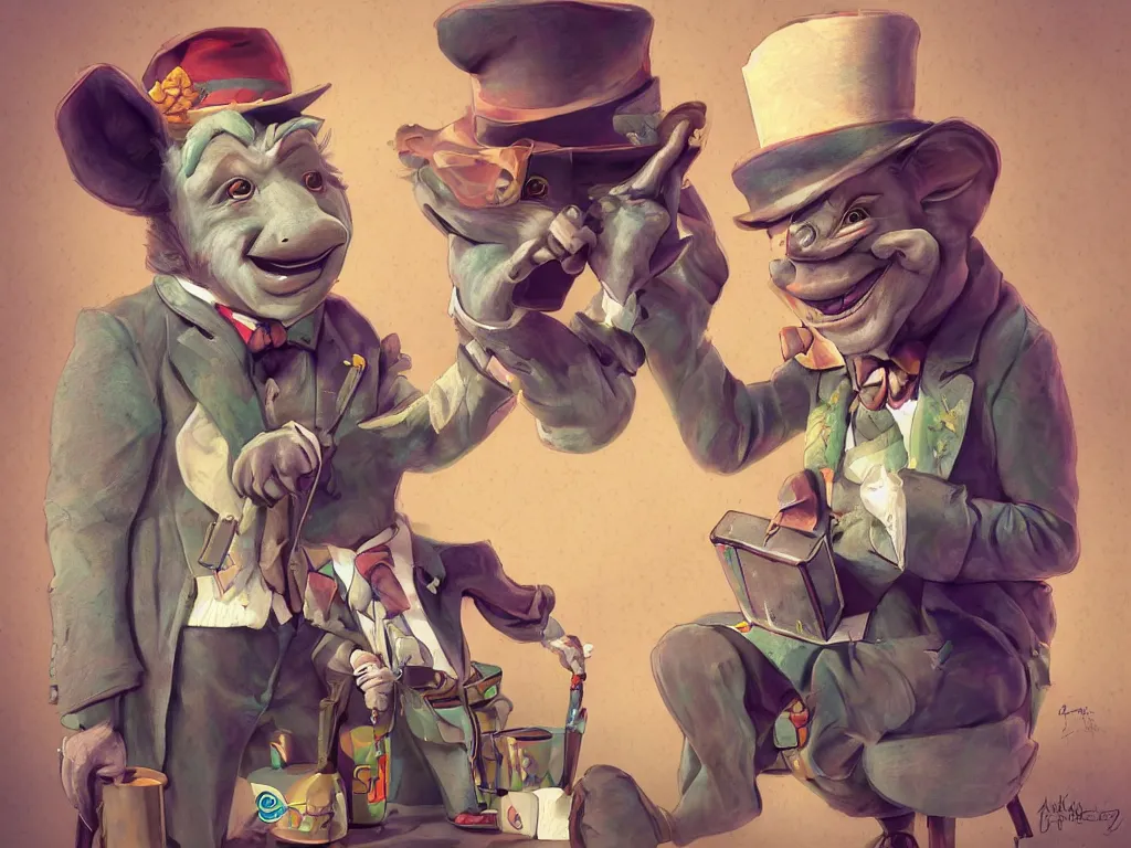 Prompt: an anthropomorphic donkey dressed up as Willy Wonka, digital art, trending on artstation, highly detailed