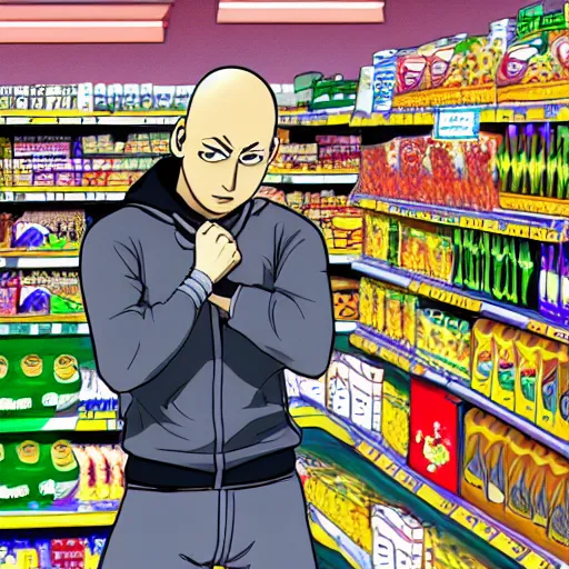 Prompt: Saitama in a supermarket, digital drawing