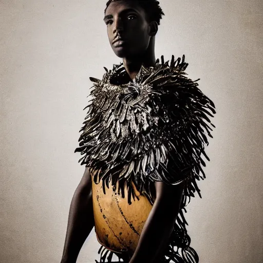 Prompt: a portrait of a beautiful young male wearing an alexander mcqueen armor made of garbage, photographed by andrew thomas huang, artistic