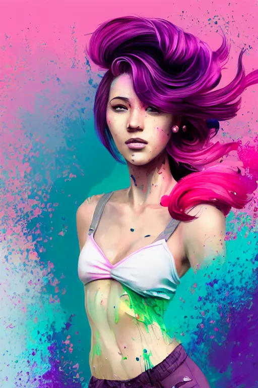 Image similar to a award winning half body portrait of a beautiful woman in a croptop and cargo pants with ombre purple pink teal hairstyle with head in motion and hair flying by artgerm, paint splashes, splatter, outrun, vaporware, shaded flat illustration, digital art, trending on artstation, highly detailed, fine detail, intricate