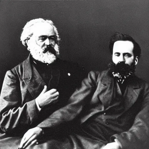 Prompt: Karl Marx and Ayn Rand lying on bed, photo, 1920